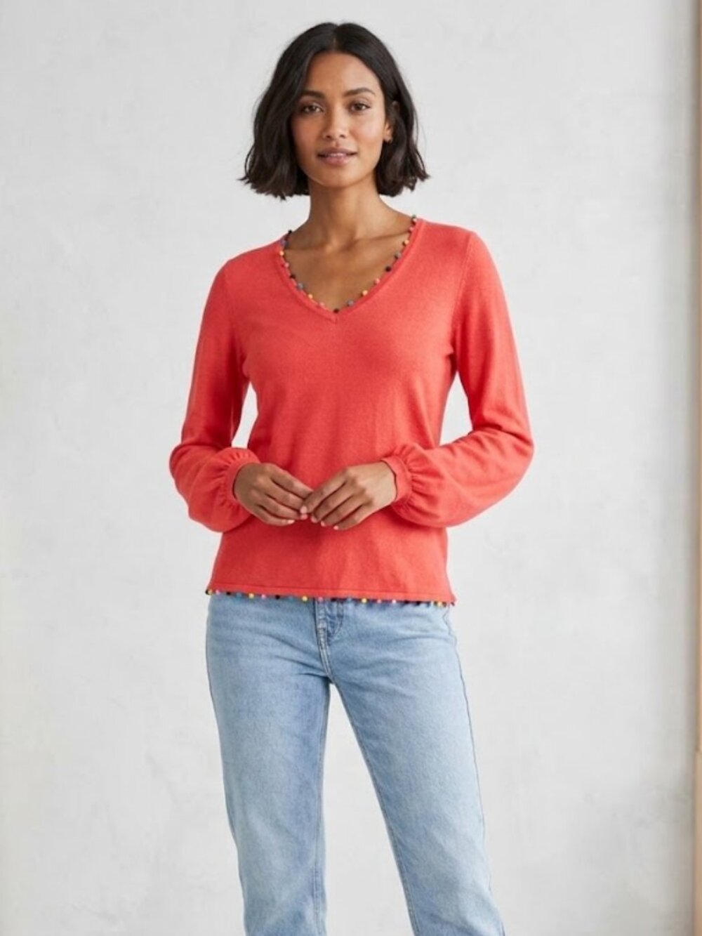 Cute Boden Pink V-Neck Pom Pom Trim Sweater Size Small